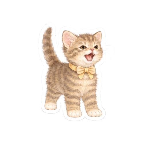 Pay Attention Sticker — Meowing Kitten Sticker Cute Brown Tabby Kiss-Cut Cat Decal