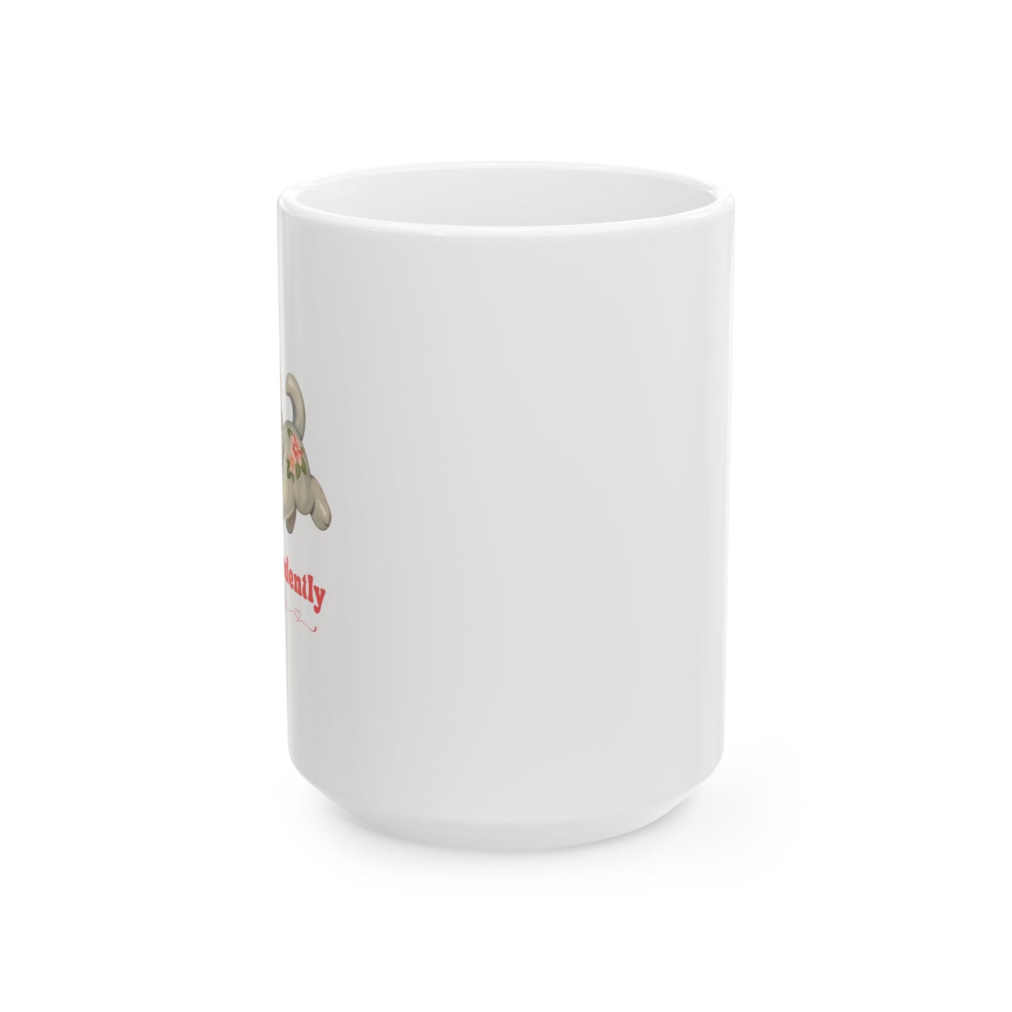 Independently Solvent Ceramic Mug — Retro 60s Girly Kitten with Bow, Pearls & Glasses (11oz/15oz)