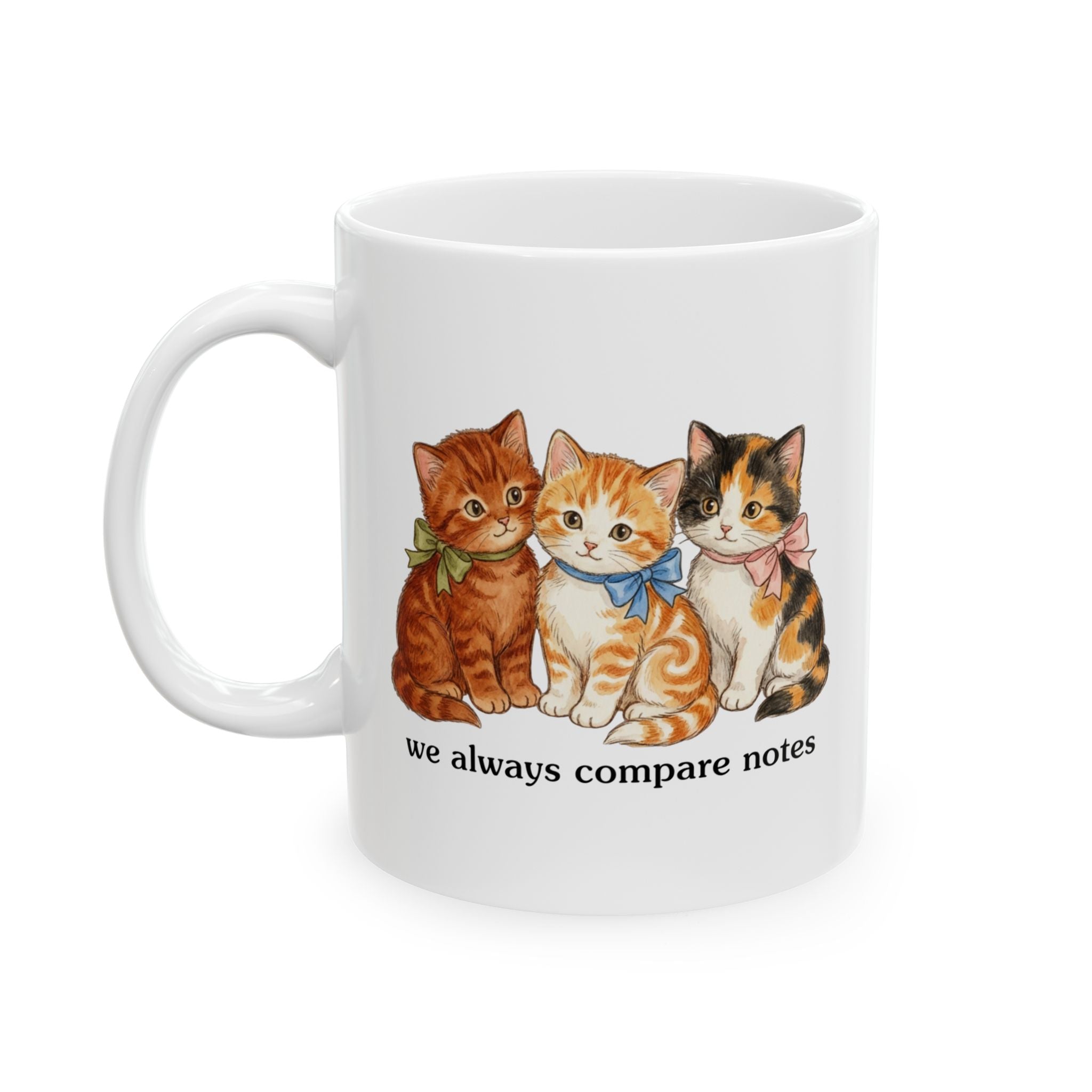Vintage Ribbon Kittens Ceramic Mug — "We Always Compare Notes" (11oz & 15oz)