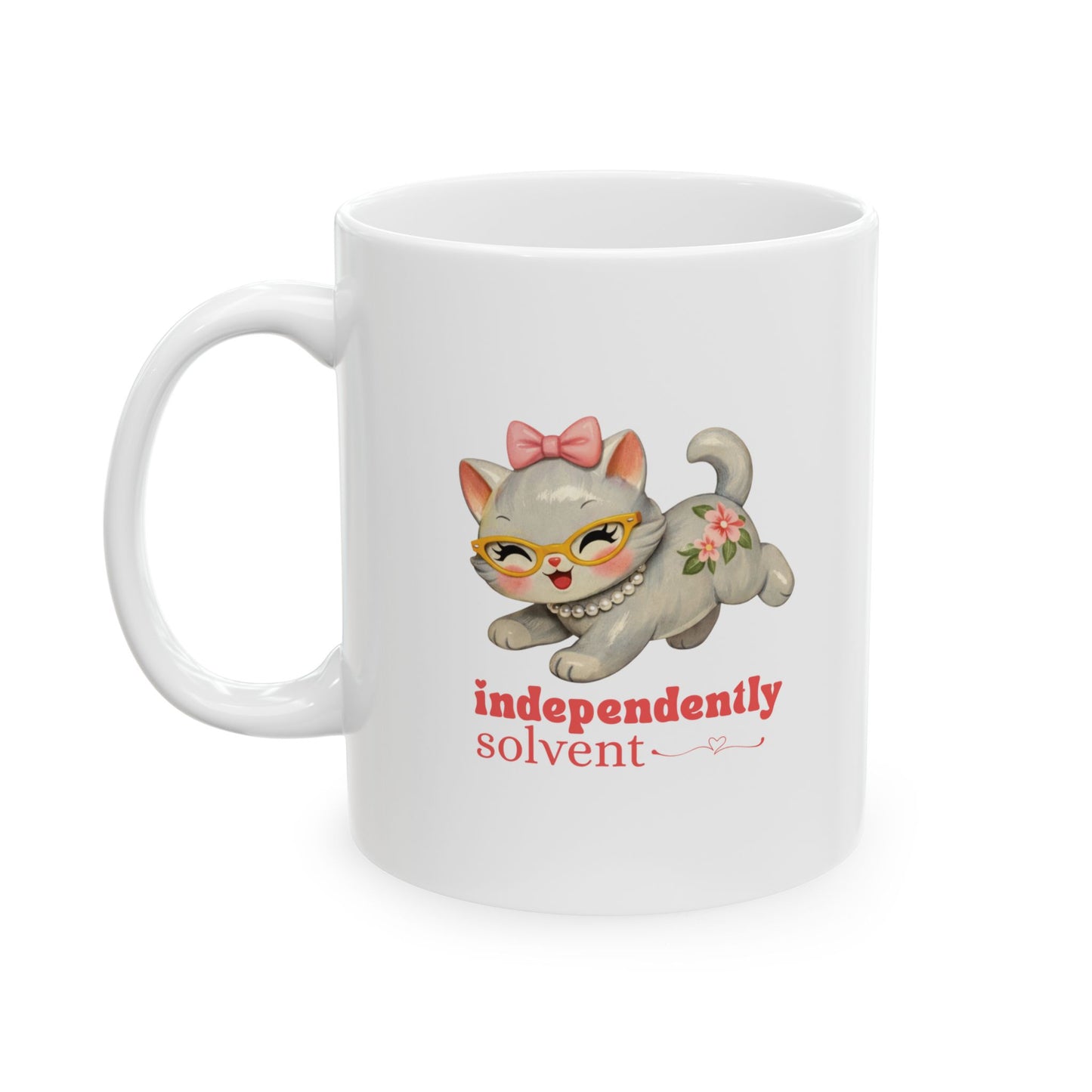 Independently Solvent Ceramic Mug — Retro 60s Girly Kitten with Bow, Pearls & Glasses (11oz/15oz)