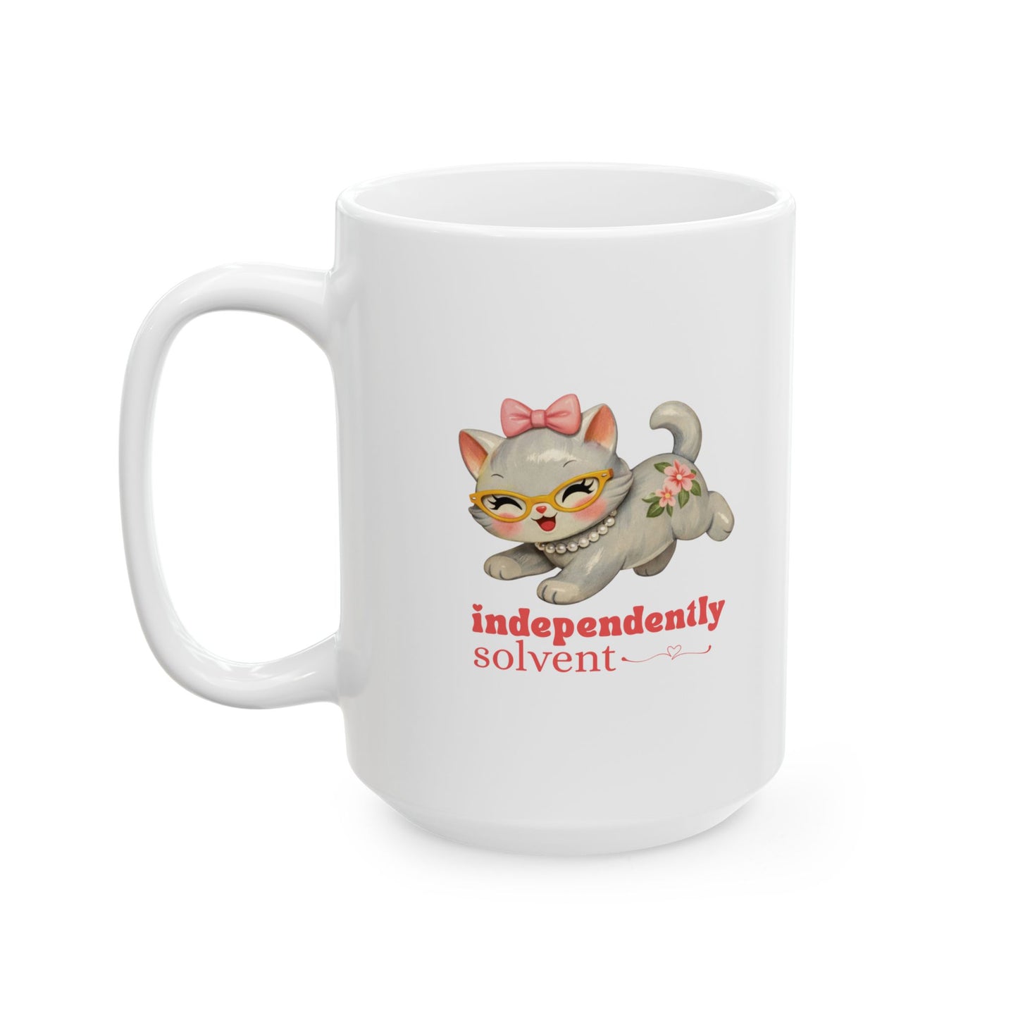 Independently Solvent Ceramic Mug — Retro 60s Girly Kitten with Bow, Pearls & Glasses (11oz/15oz)